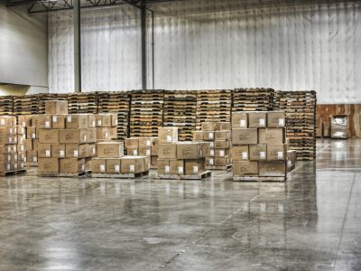 Cardboard boxes and pallets in warehouse